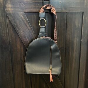 Black Leather Backpack with Leopard Print Strap